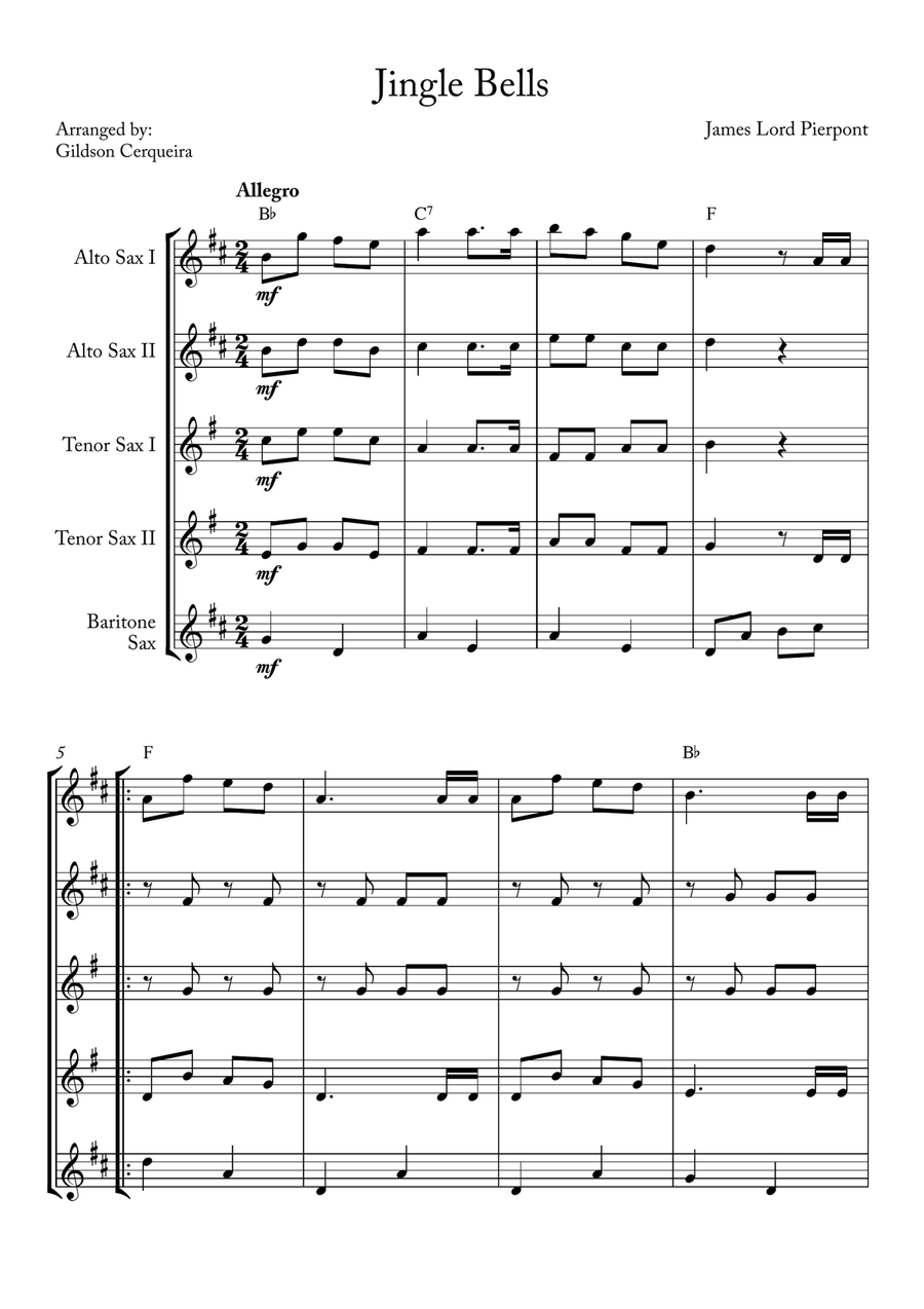 Jingle Bells Saxophone Quintet scores gallery preview page 1