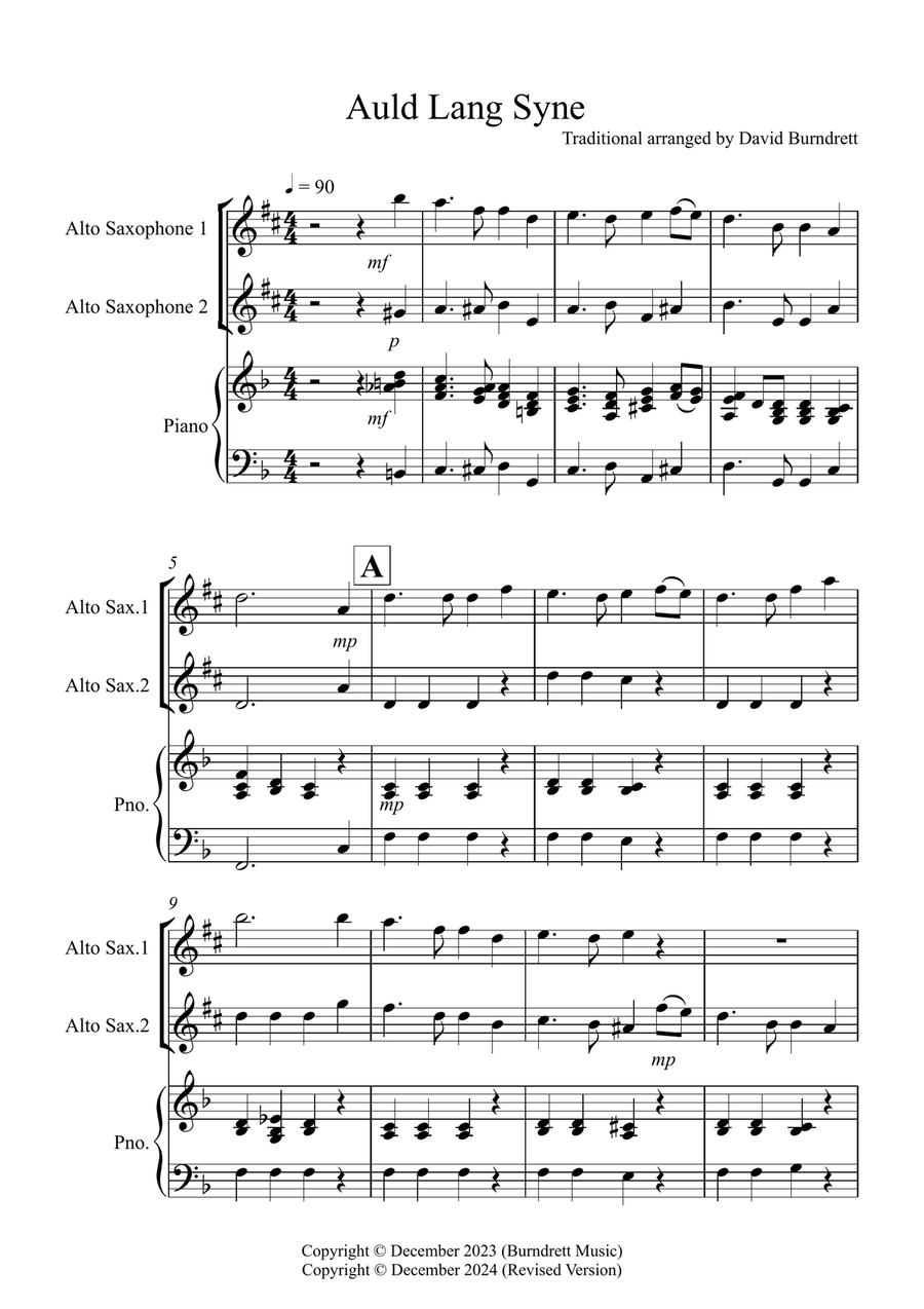 Auld Lang Syne for Alto Saxophone Duet Woodwind Duet scores gallery preview page 1
