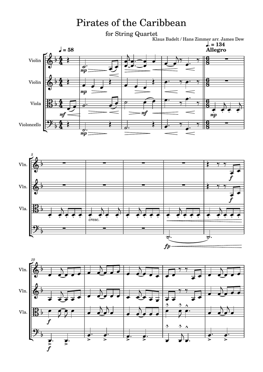 Pirates Of The Caribbean Pirates Of The Caribbean String Quartet scores gallery preview page 1