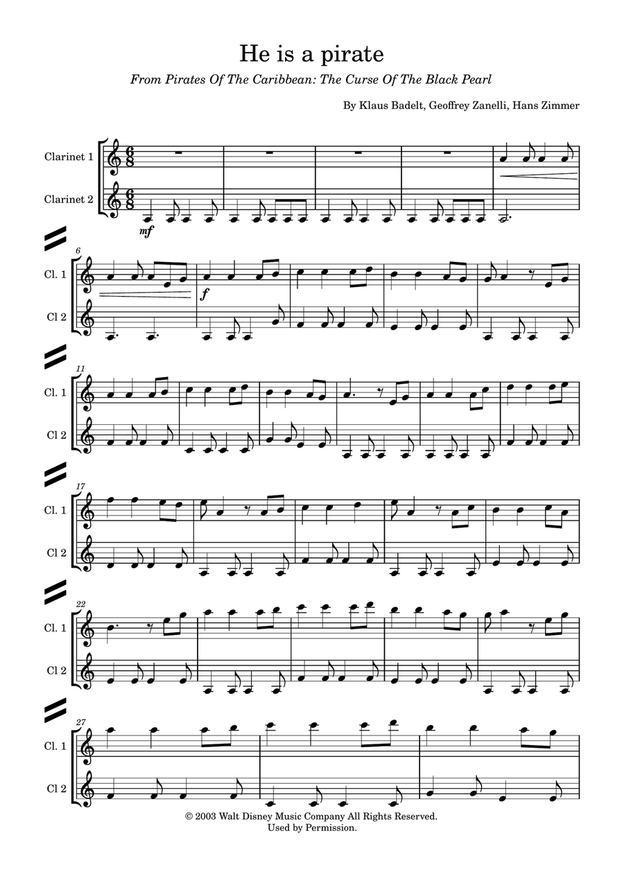 He's A Pirate Clarinet Duet scores gallery preview page 1
