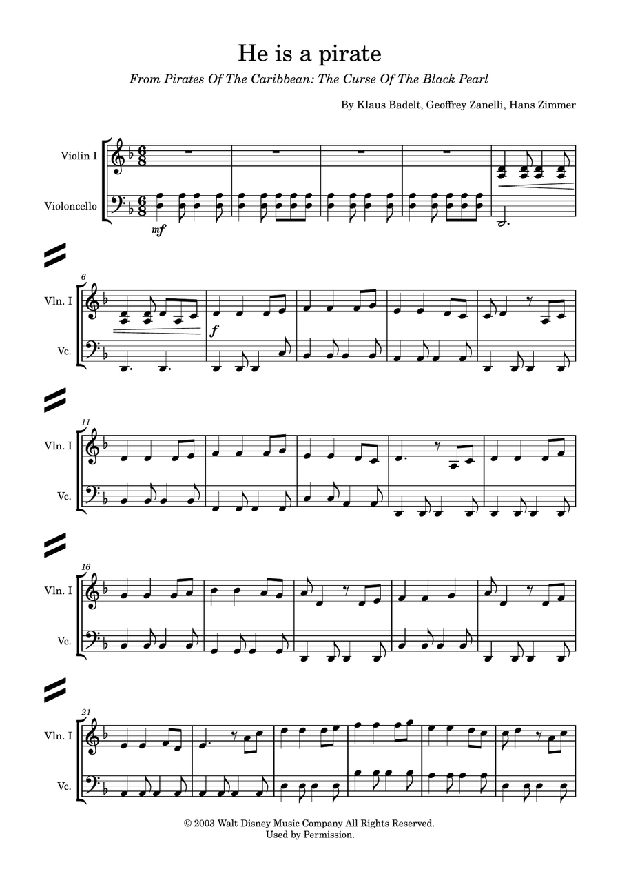 He's A Pirate String Duet scores gallery preview page 1