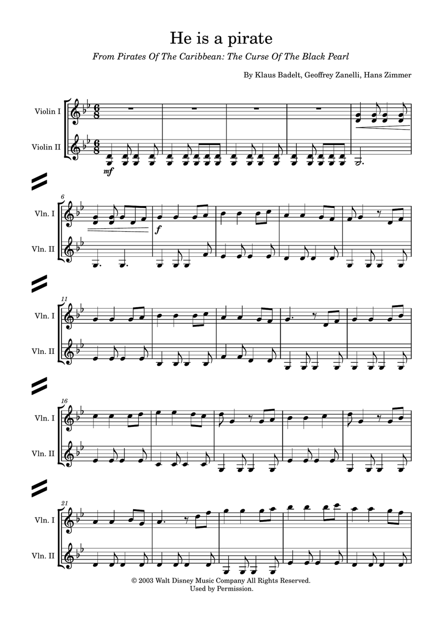 He's A Pirate String Duet scores gallery preview page 1