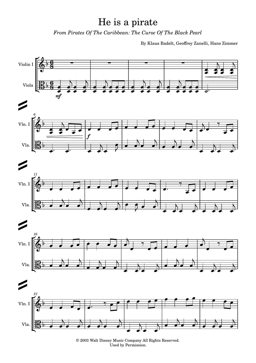 He's A Pirate String Duet scores gallery preview page 1