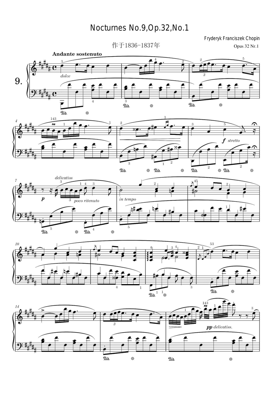 Nocturnes No.9,Op.32,No.1 - Fryderyk Franciszek Chopin Piano Solo scores gallery preview page 1
