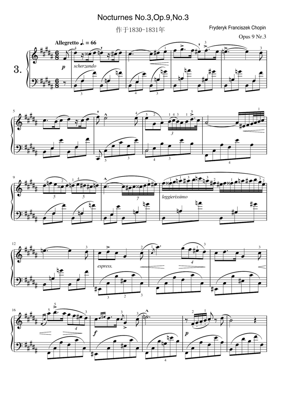 Nocturnes No.3,Op.9,No.3 - Fryderyk Franciszek Chopin Piano Solo scores gallery preview page 1
