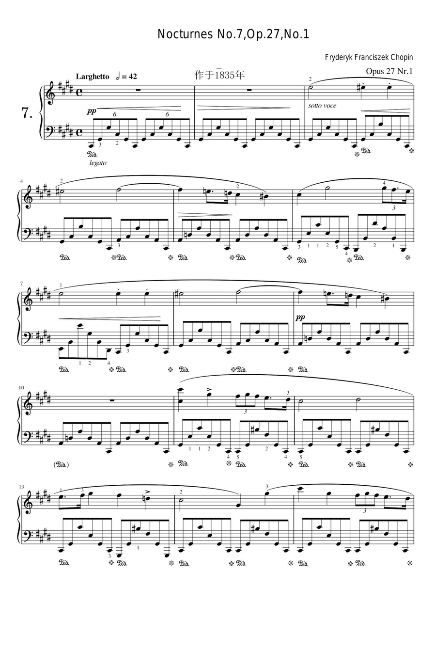 Nocturnes No.7,Op.27,No.1 - Fryderyk Franciszek Chopin Piano Solo scores gallery preview page 1