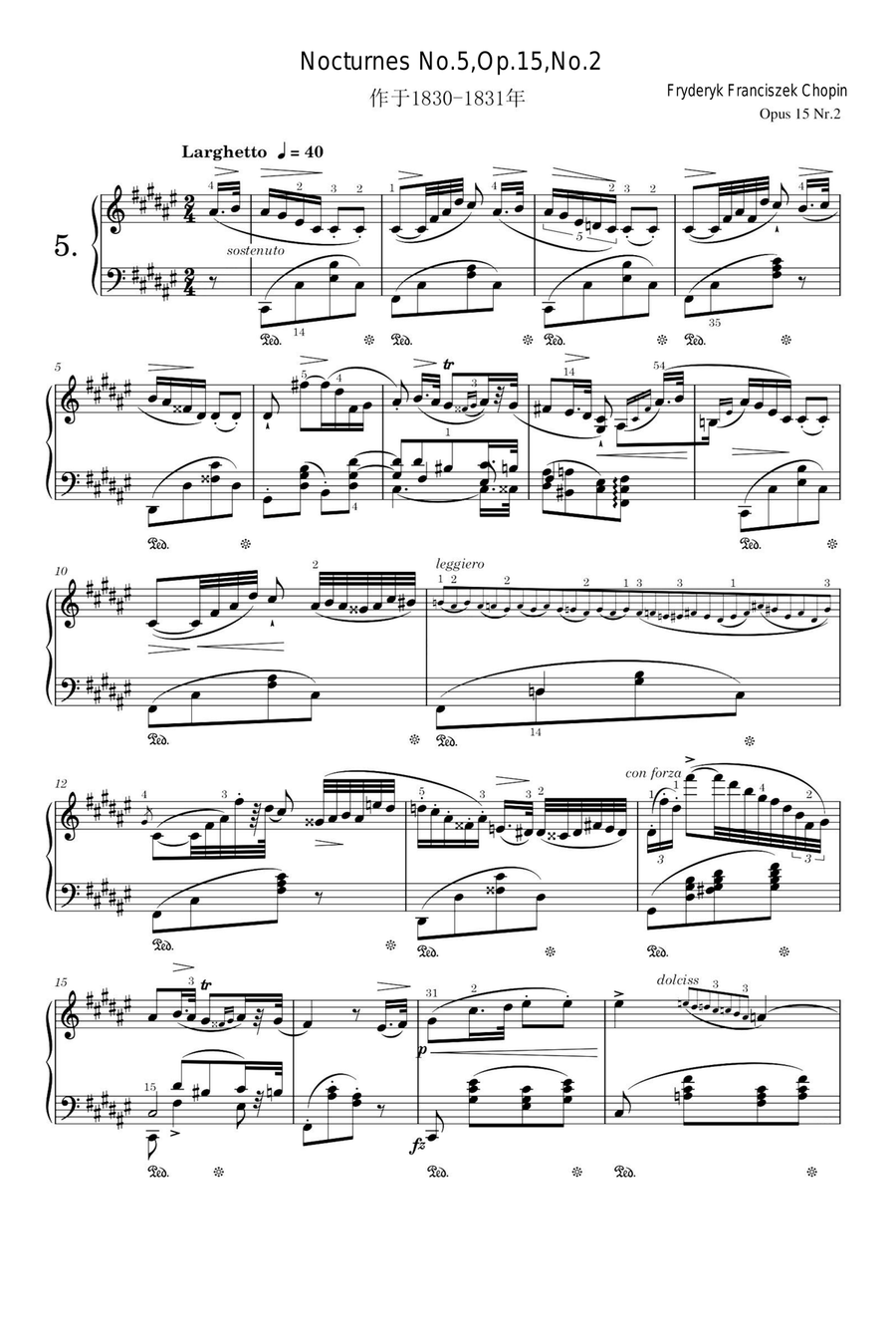 Nocturnes No.5,Op.15,No.2 - Fryderyk Franciszek Chopin Piano Solo scores gallery preview page 1