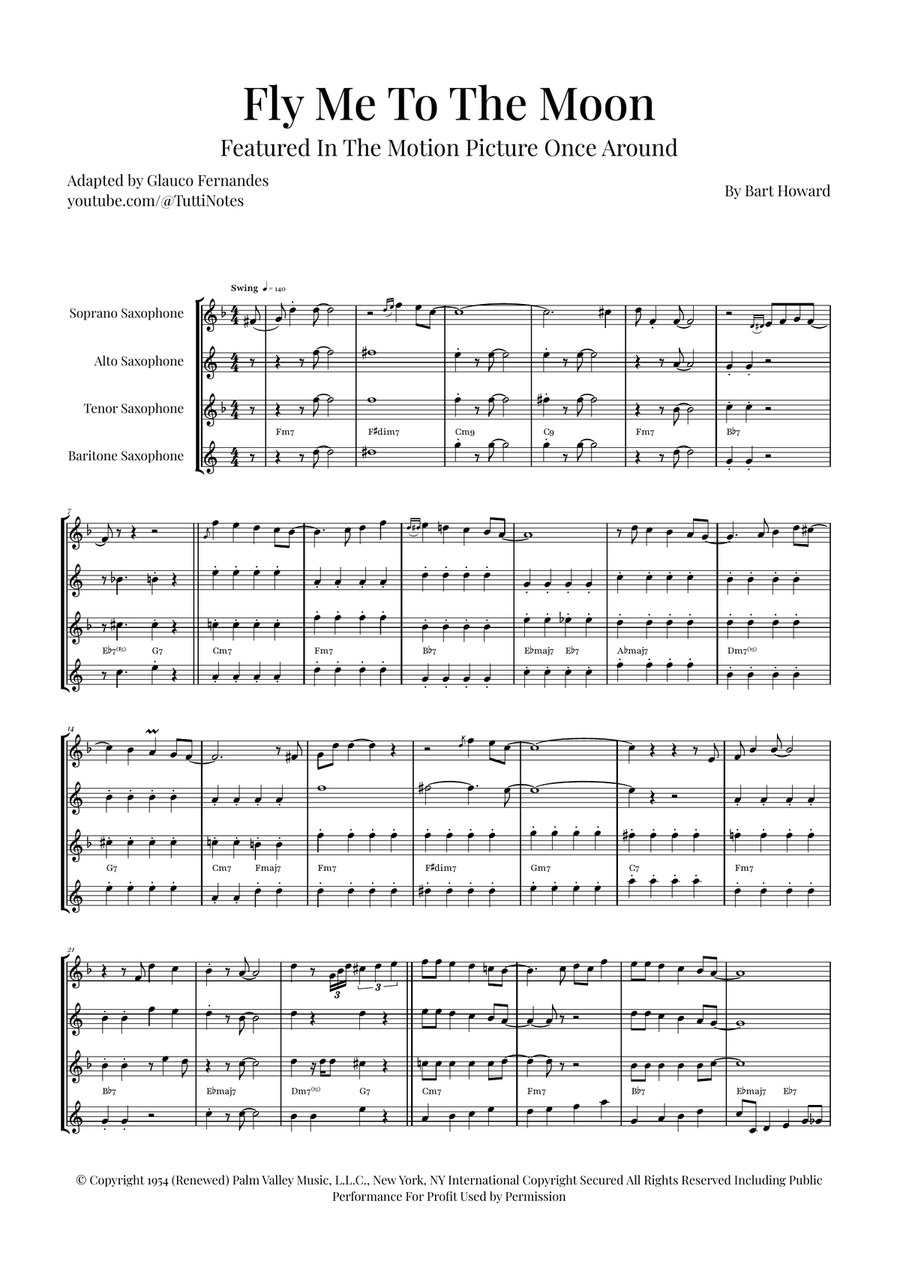 Fly Me To The Moon (In Other Words) Saxophone Quartet scores gallery preview page 1