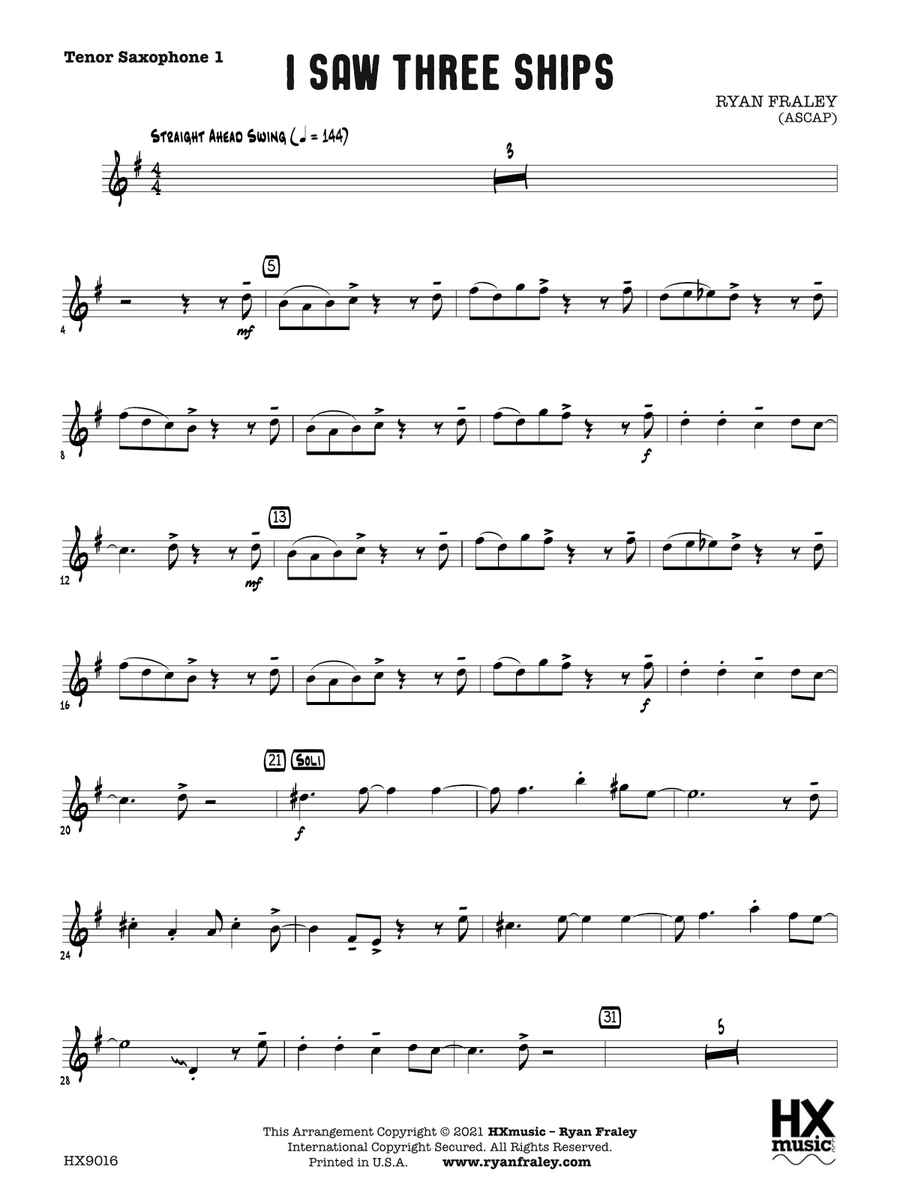 I Saw Three Ships: B-flat Tenor Saxophone 1 Tenor Saxophone scores gallery preview page 1
