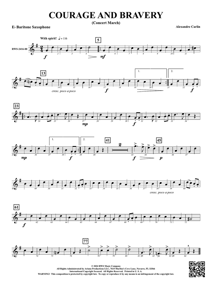 Courage and Bravery (Concert March): E-flat Baritone Saxophone Baritone Saxophone scores gallery preview page 1