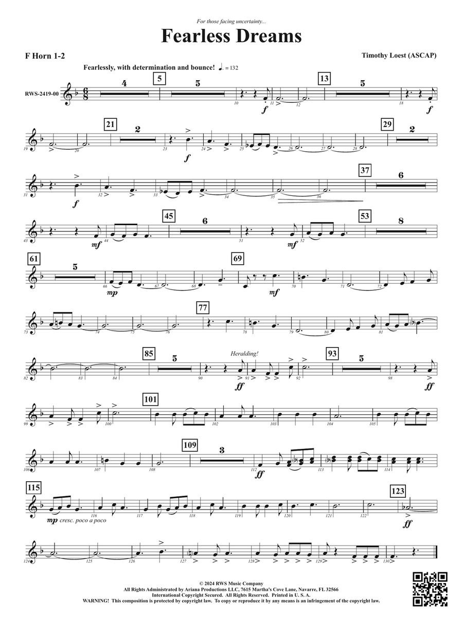 Fearless Dreams: 1st & 2nd F Horns Horn scores gallery preview page 1