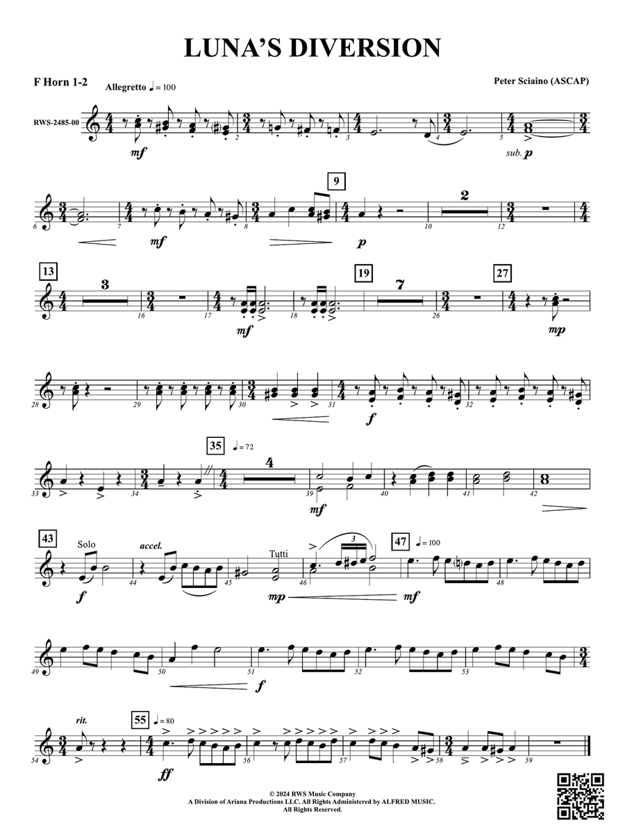 Luna's Diversion: 1st & 2nd F Horns Horn scores gallery preview page 1