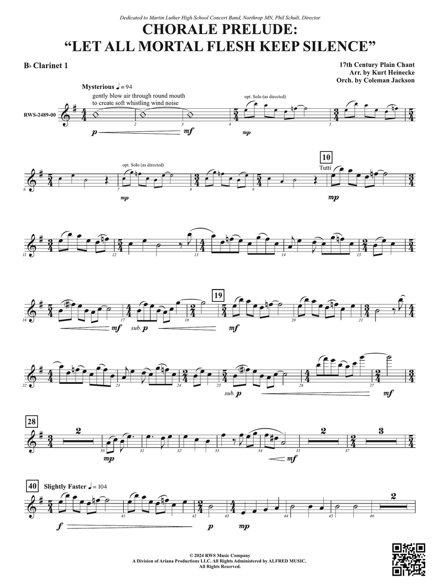 Chorale Prelude: Let All Mortal Flesh Keep Silence: 1st B-flat Clarinet B-Flat Clarinet scores gallery preview page 1