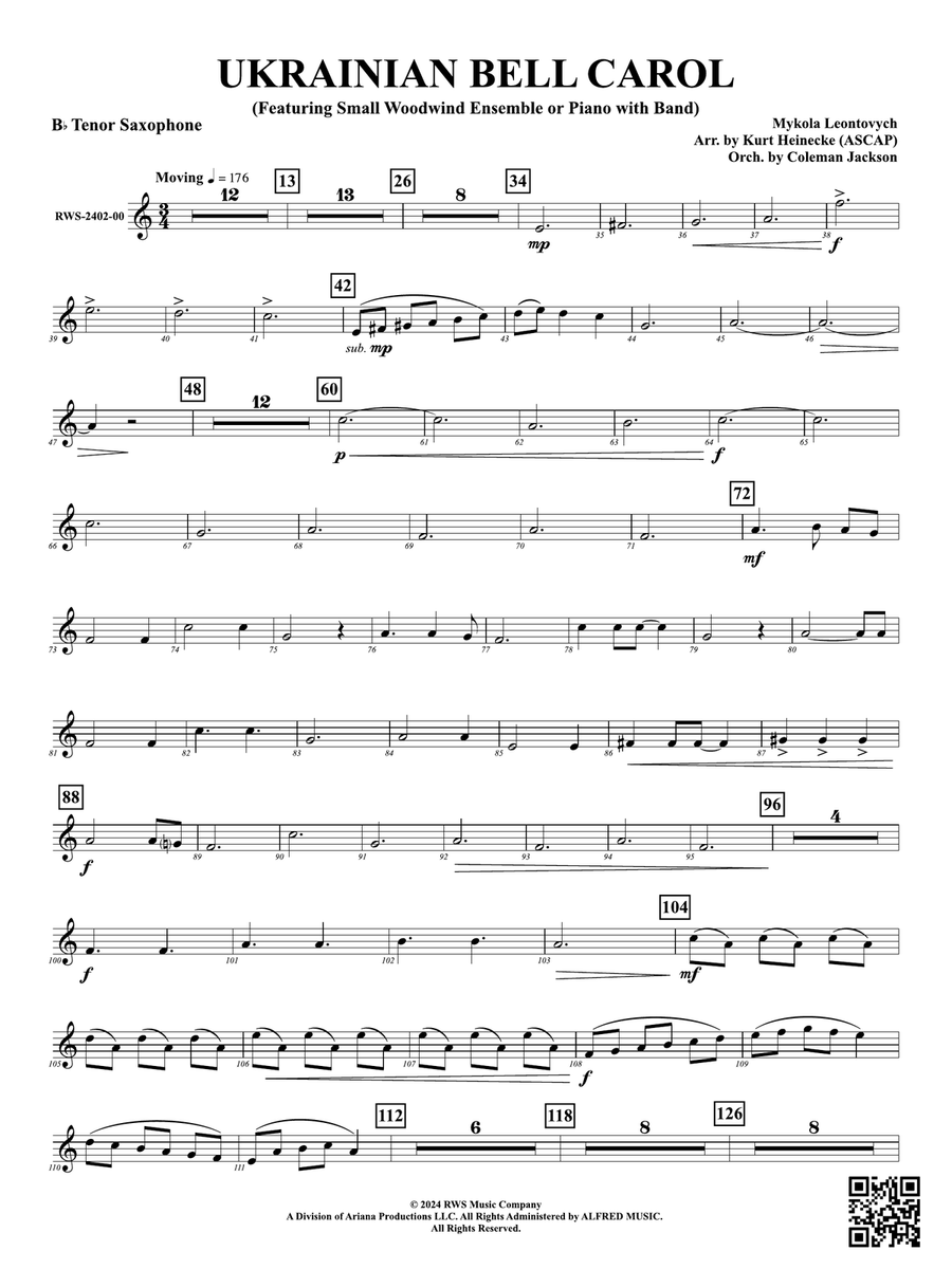 Ukrainian Bell Carol (Featuring a Small Woodwind Ensemble or Piano with Band): B-flat Tenor Saxophone Woodwind Ensemble scores gallery preview page 1