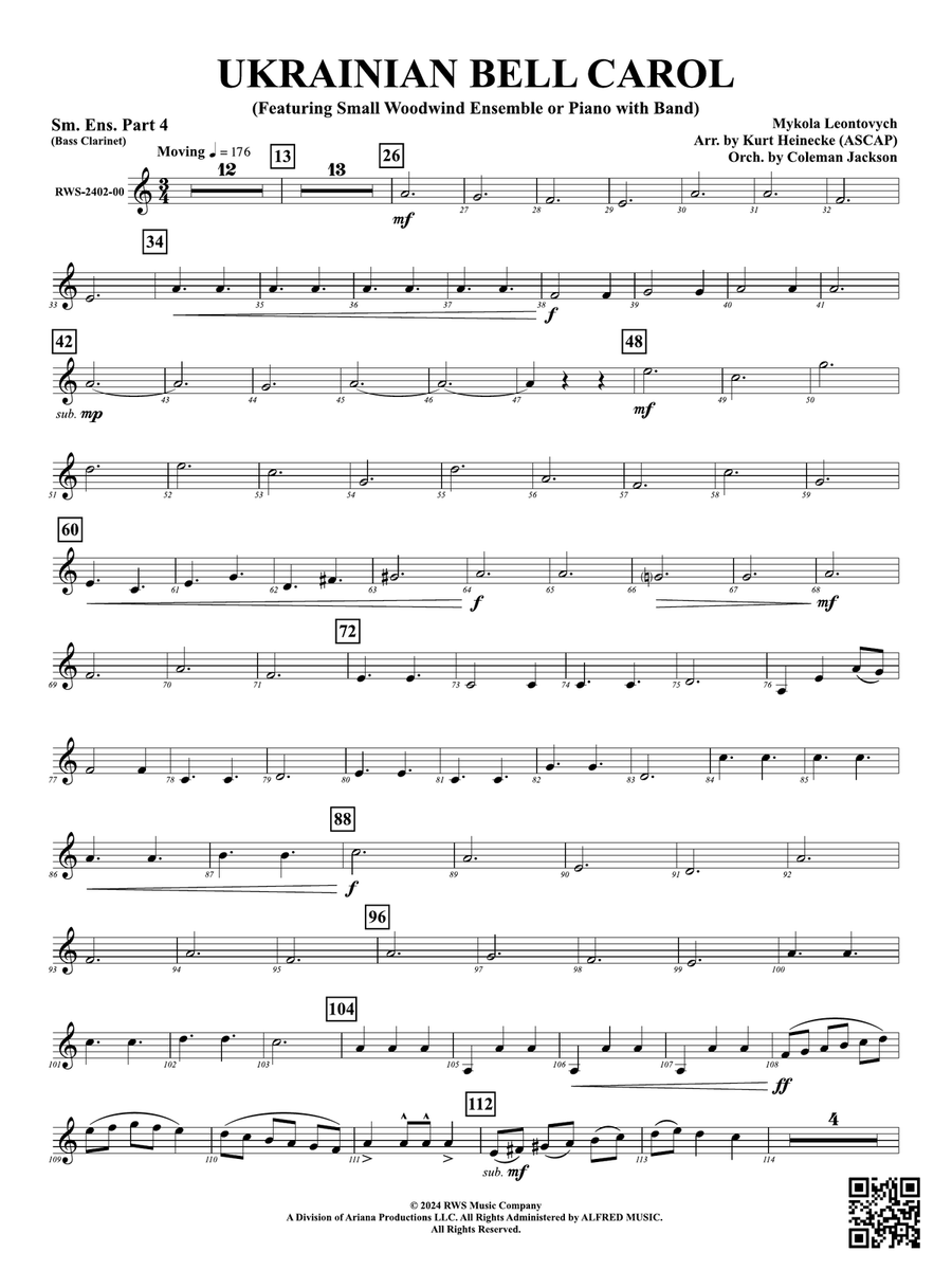 Ukrainian Bell Carol (Featuring a Small Woodwind Ensemble or Piano with Band): Small Ensemble - Part 4 (Bass Clarinet) Woodwind Ensemble scores gallery preview page 1