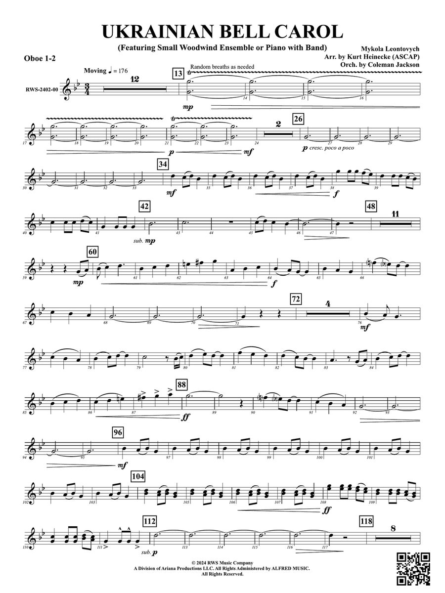 Ukrainian Bell Carol (Featuring a Small Woodwind Ensemble or Piano with Band): 1st & 2nd Oboe Woodwind Ensemble scores gallery preview page 1