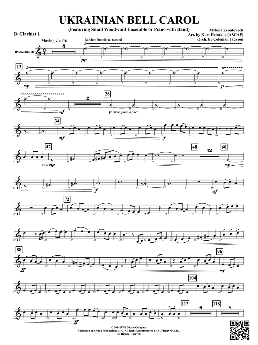 Ukrainian Bell Carol (Featuring a Small Woodwind Ensemble or Piano with Band): 1st B-flat Clarinet Woodwind Ensemble scores gallery preview page 1
