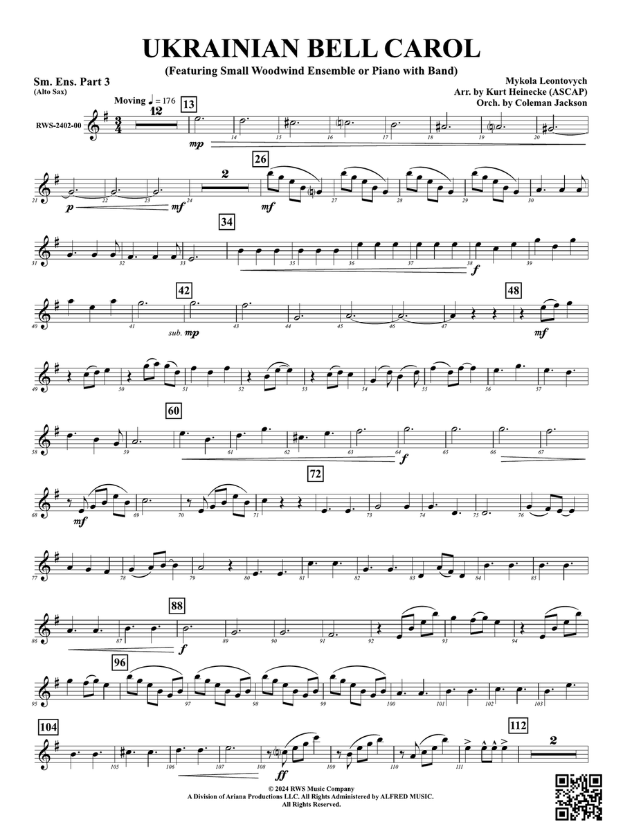 Ukrainian Bell Carol (Featuring a Small Woodwind Ensemble or Piano with Band): Small Ensemble - Part 3 (Alto Saxophone) Woodwind Ensemble scores gallery preview page 1