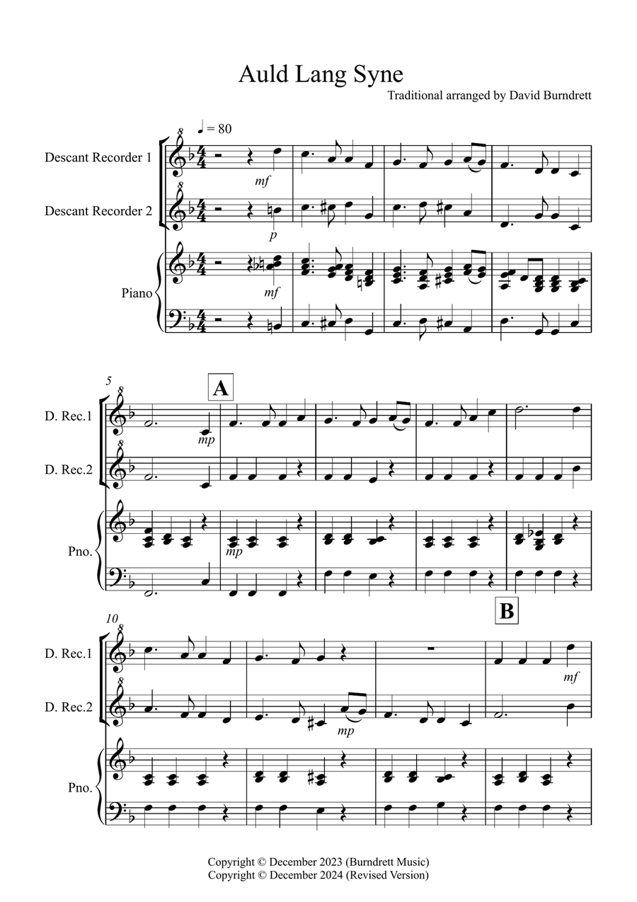 Auld Lang Syne for Descant Recorder Duet Woodwind Duet scores gallery preview page 1