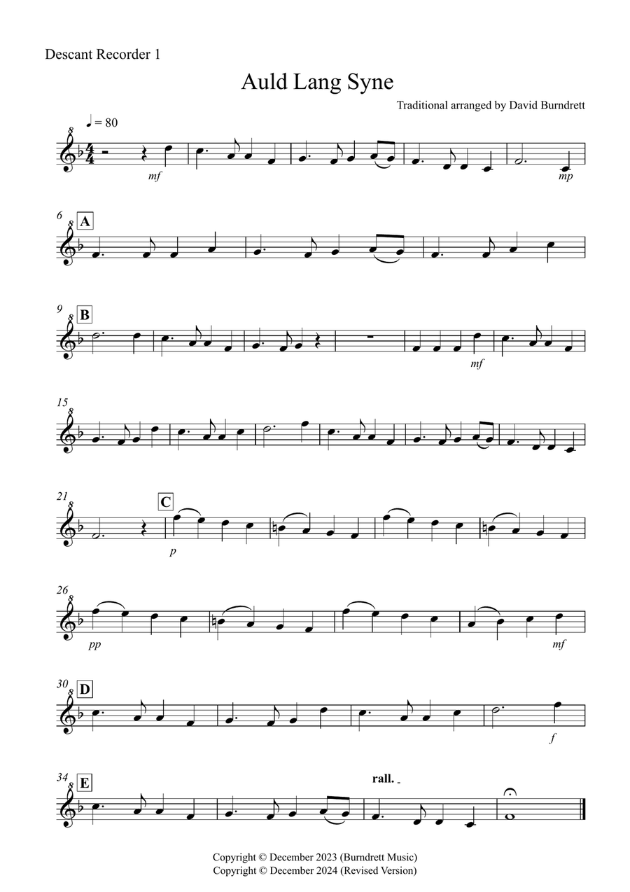 Auld Lang Syne for Descant Recorder Duet Woodwind Duet scores gallery preview page 4