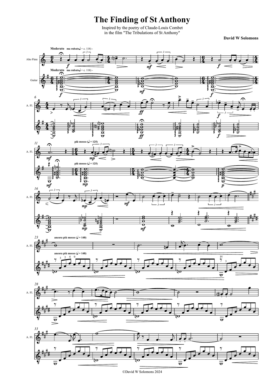 The finding of Saint Anthony for alto flute and guitar Flute scores gallery preview page 1