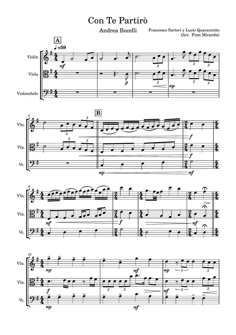 Con Te Partiro (Time To Say Goodbye) String Trio scores gallery preview page 1