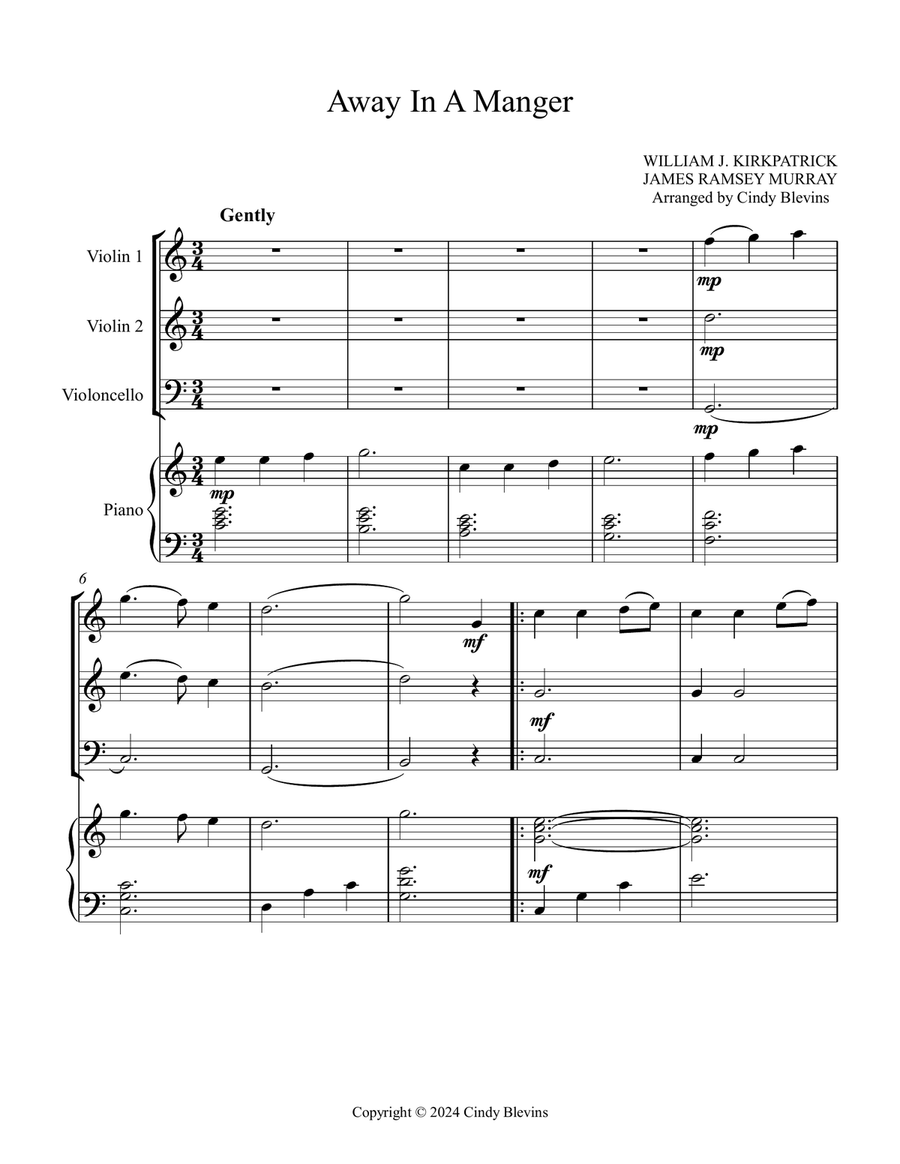 Away In A Manger, for Two Violins, Cello and Piano Piano Quartet scores gallery preview page 2