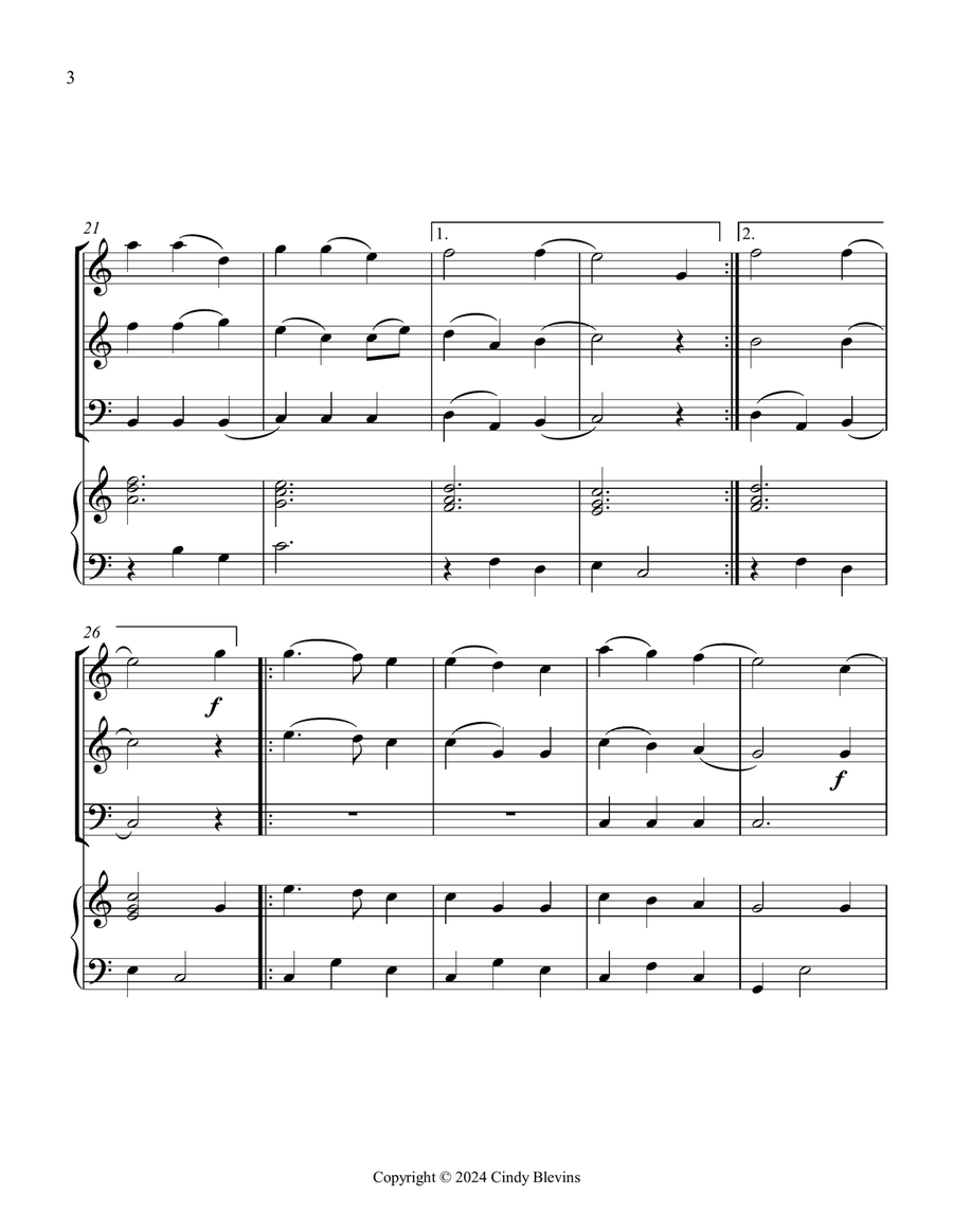 Away In A Manger, for Two Violins, Cello and Piano Piano Quartet scores gallery preview page 4