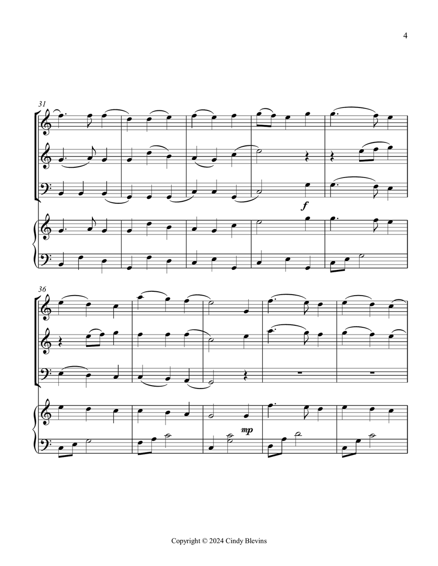 Away In A Manger, for Two Violins, Cello and Piano Piano Quartet scores gallery preview page 5