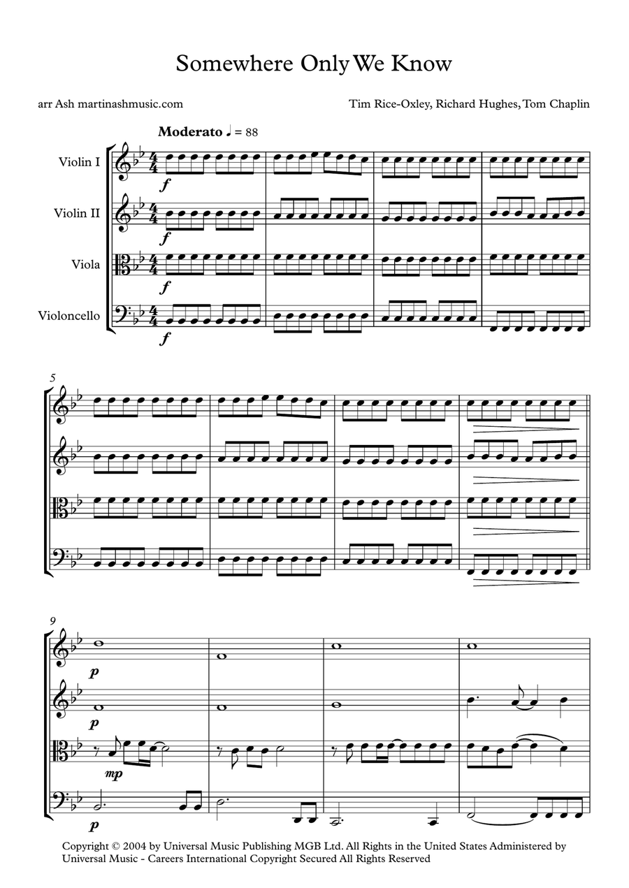 Somewhere Only We Know String Quartet scores gallery preview page 1