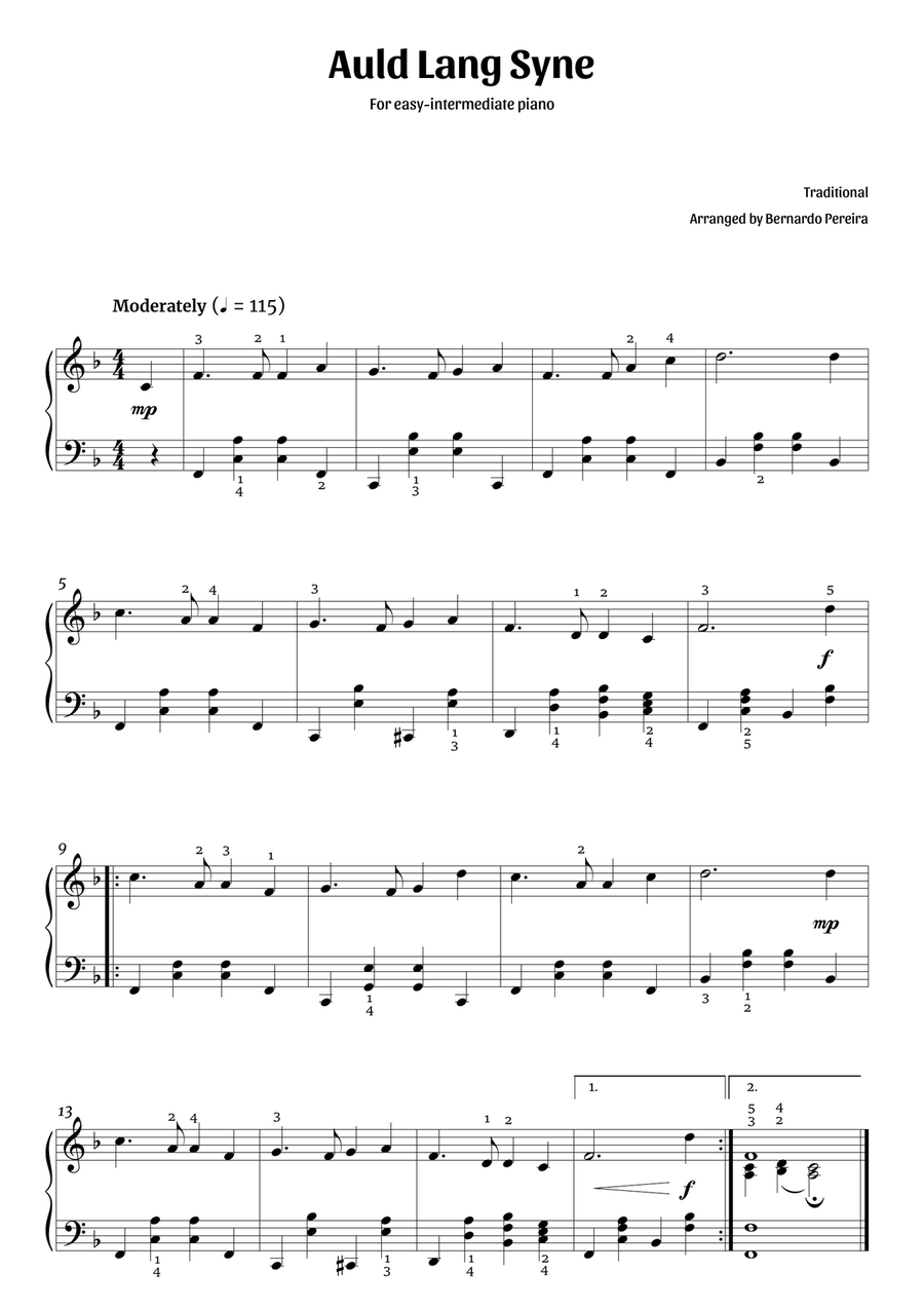 Auld Lang Syne (easy-intermediate piano – clean with fingering) Piano Solo scores gallery preview page 1