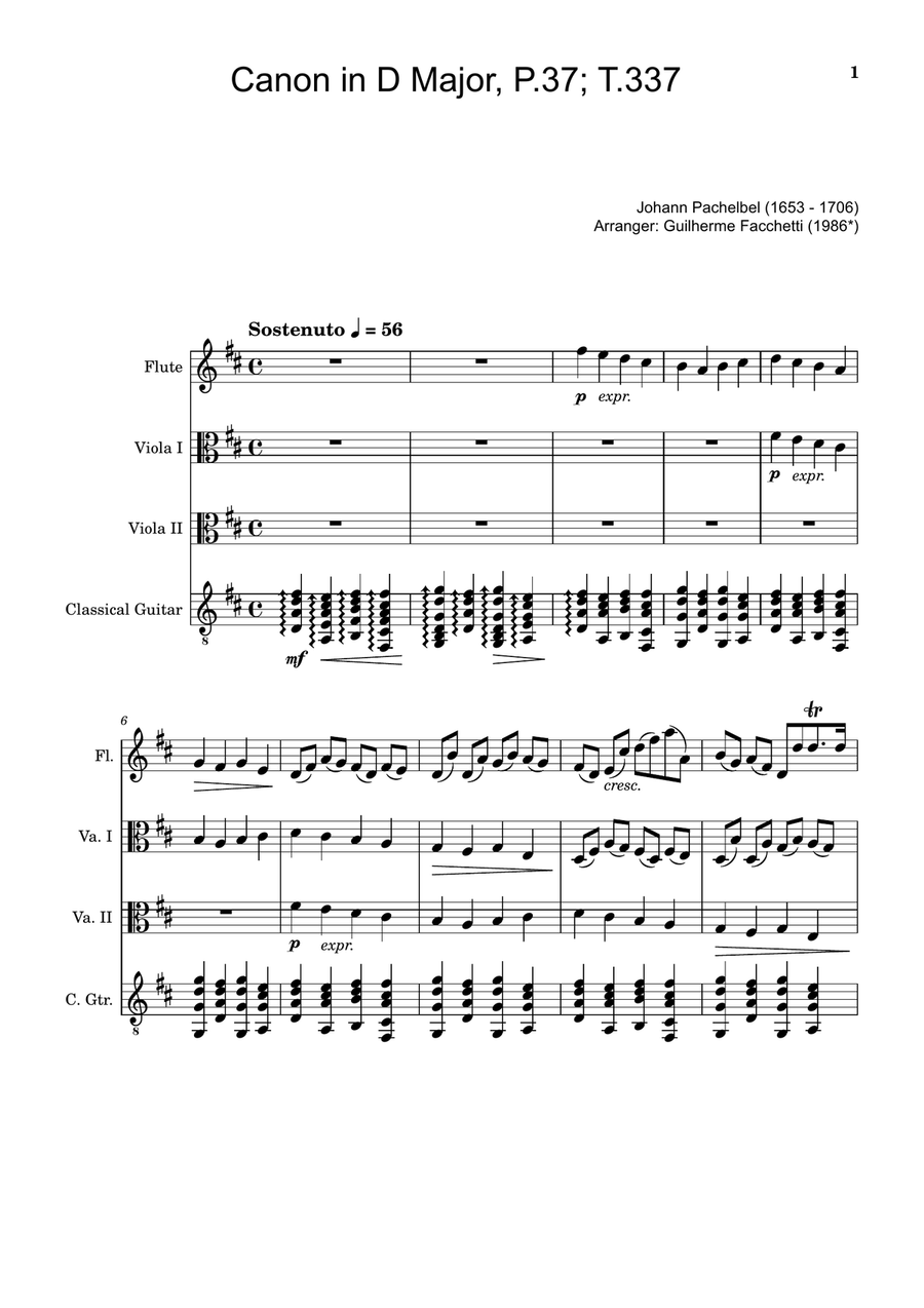 Canon in D Major, P.37; T.337. Arranged for Flute, Viola Duet and Classical Guitar. Score and Parts Small Ensemble scores gallery preview page 1