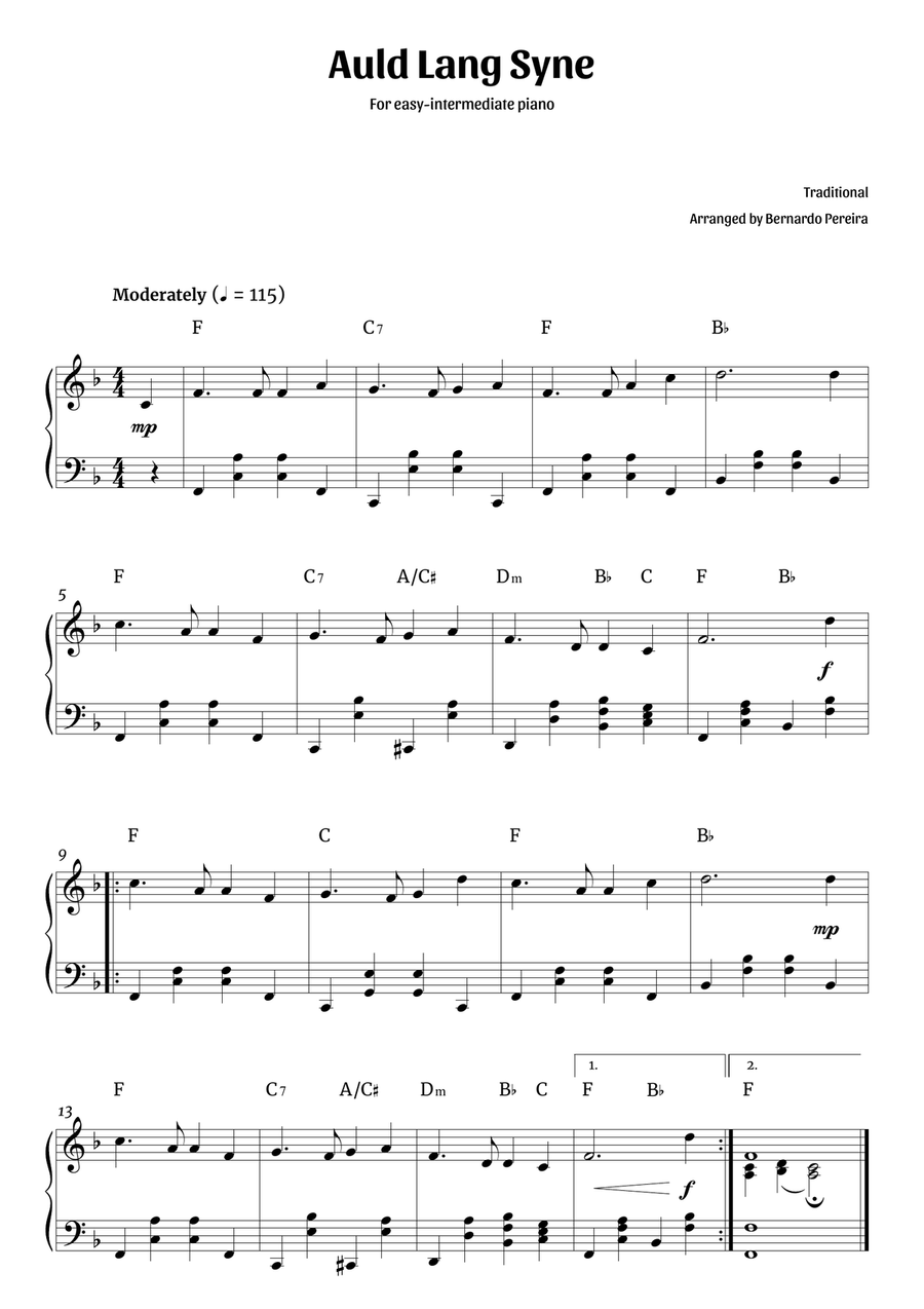Auld Lang Syne (easy-intermediate piano – clean with chords) Piano Solo scores gallery preview page 1
