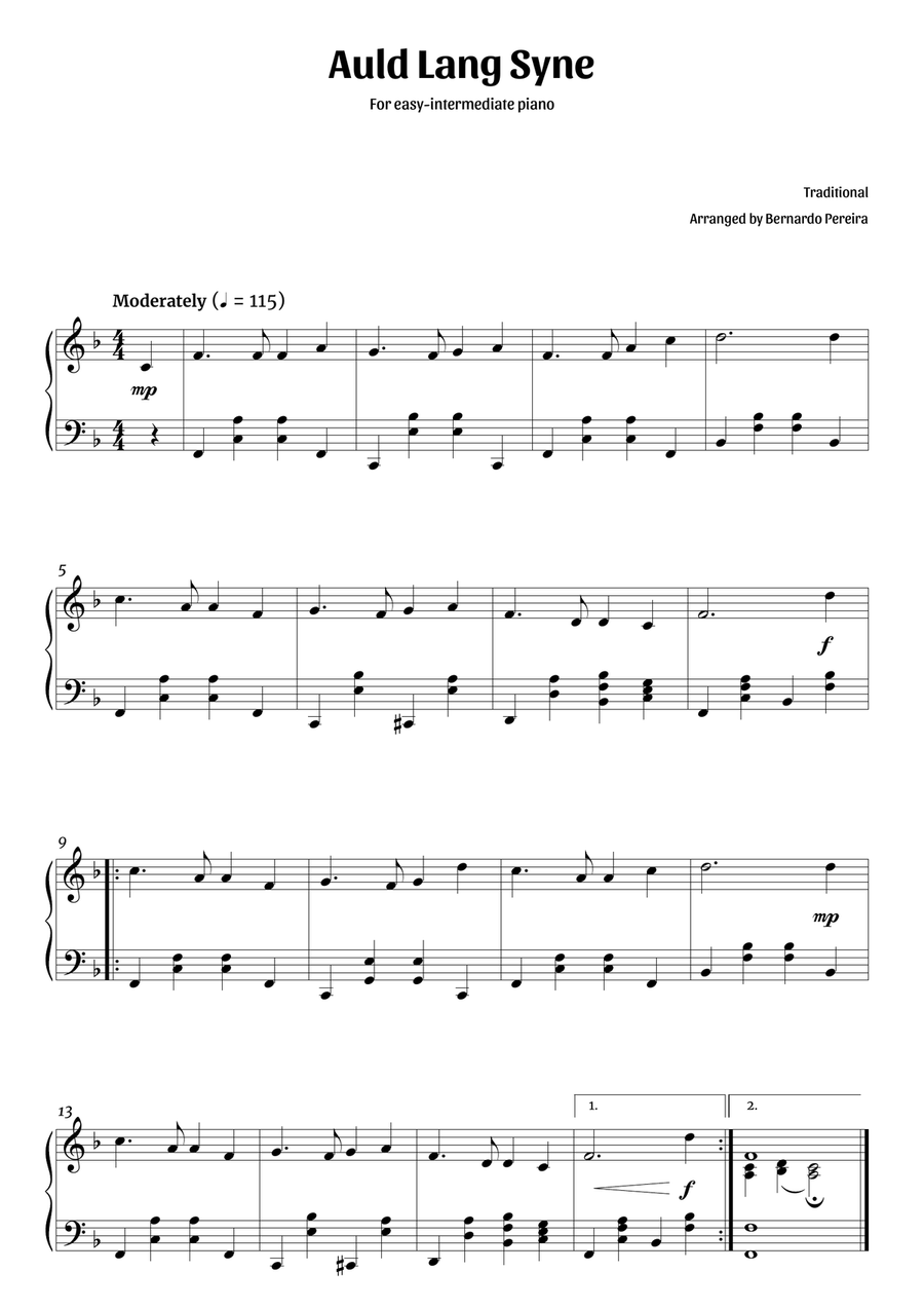 Auld Lang Syne (easy-intermediate piano – clean sheet music) Piano Solo scores gallery preview page 1