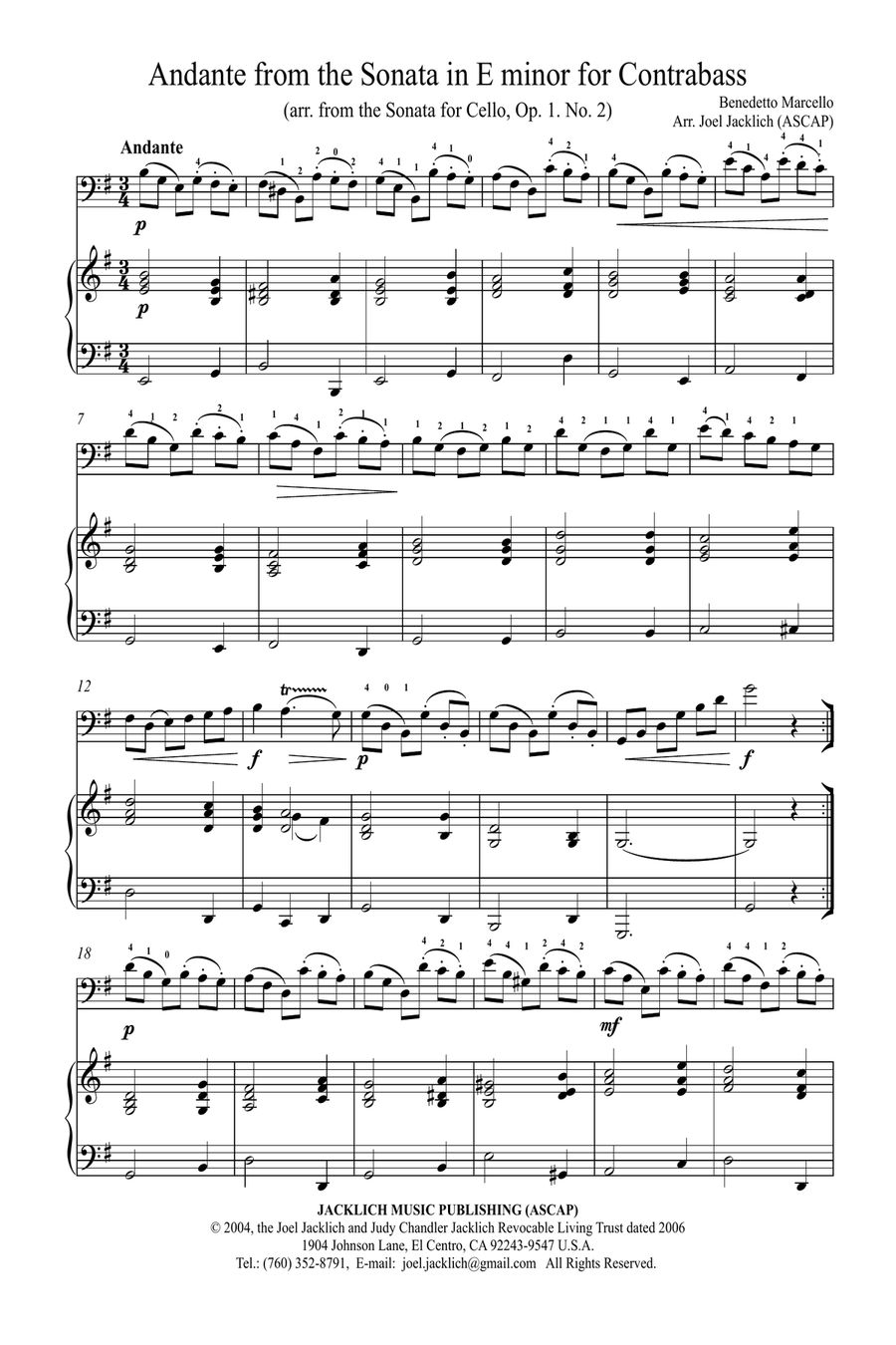 Andante from the Sonata in E minor for Contrabass Chamber Music scores gallery preview page 1