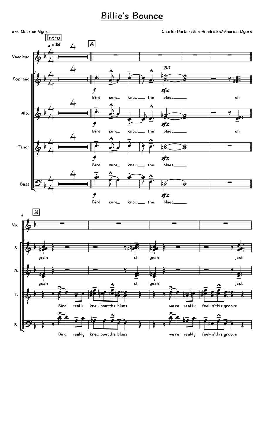 Billie's Bounce (Bill's Bounce) 4-Part scores gallery preview page 1