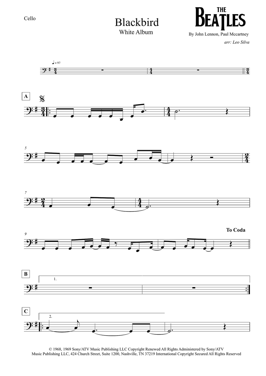 Blackbird Cello Solo scores gallery preview page 1