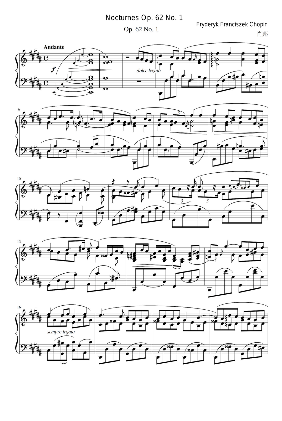 Nocturnes Op. 62 No. 1 - Fryderyk Franciszek Chopin Piano Solo scores gallery preview page 1