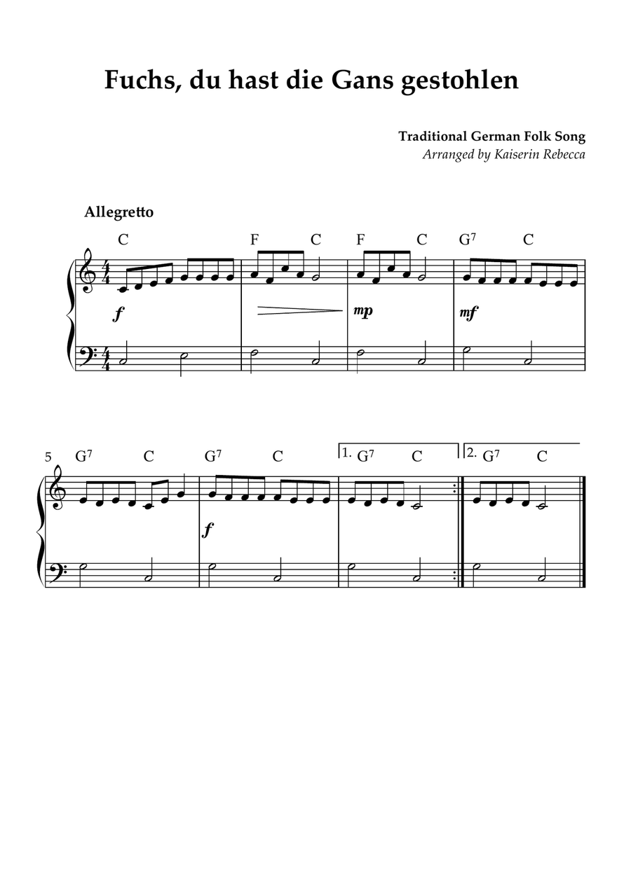 Fuchs, du hast die Gans gestohlen (Fox, you stole the goose) Piano Method scores gallery preview page 1