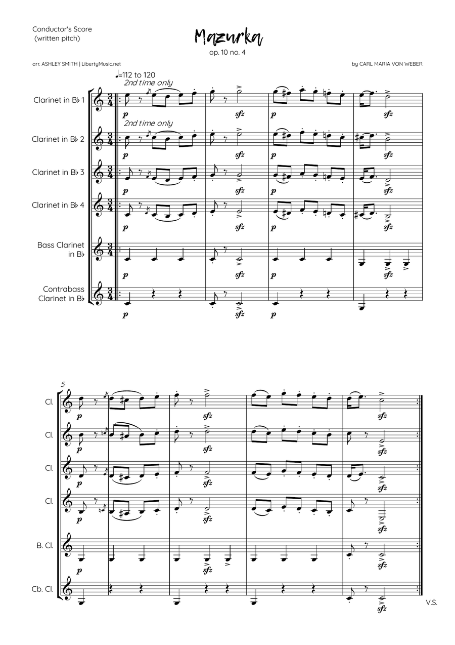 Mazurka, op. 10 no. 4 Clarinet Choir scores gallery preview page 1