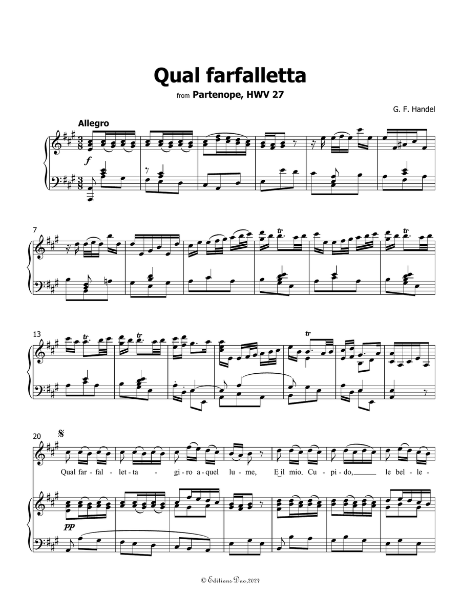Qual farfalletta, by Handel, in A Major Piano, Vocal scores gallery preview page 3