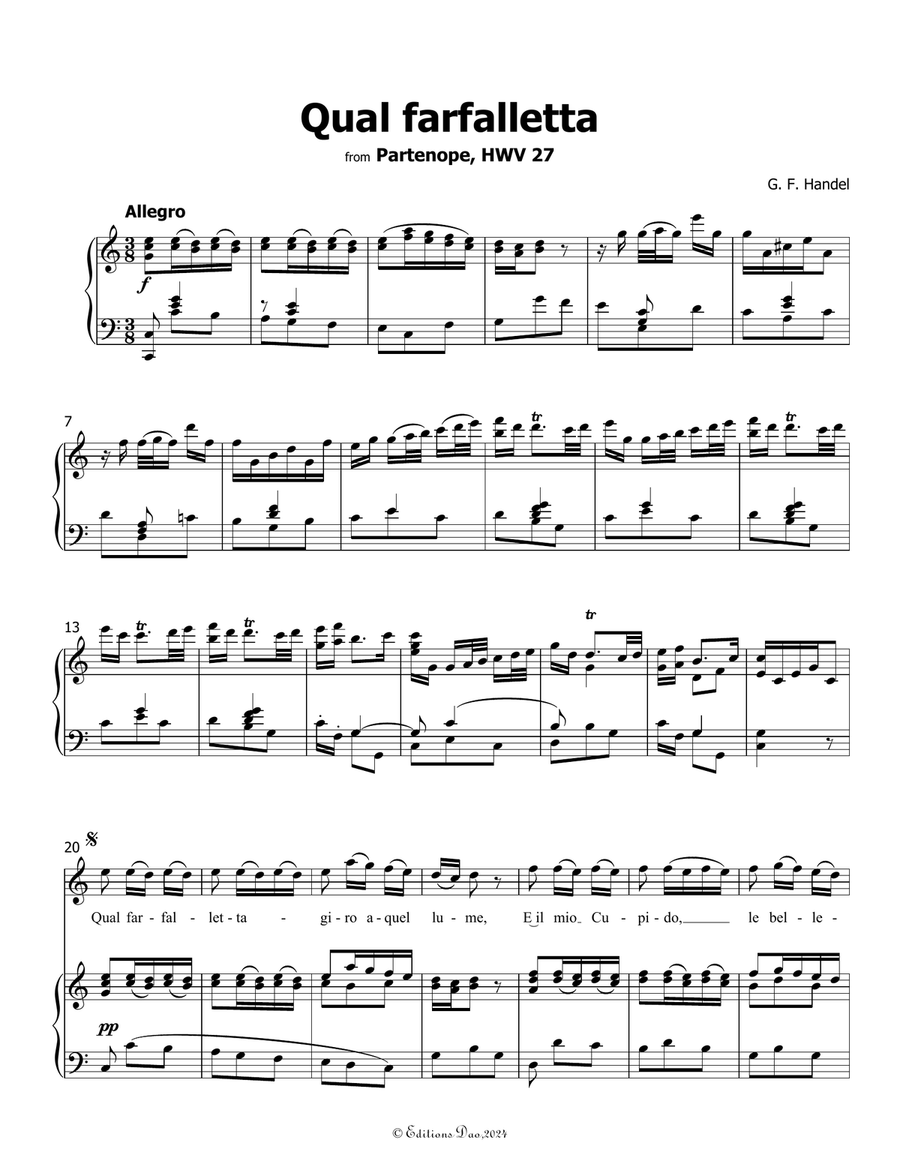 Qual farfalletta, by Handel, in C Major Piano, Vocal scores gallery preview page 3