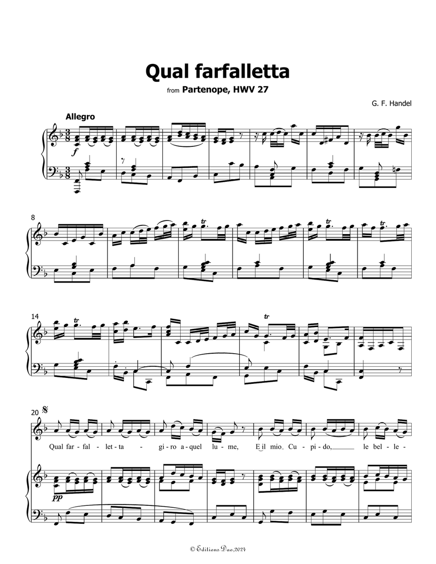Qual farfalletta, by Handel, in F Major Piano, Vocal scores gallery preview page 3