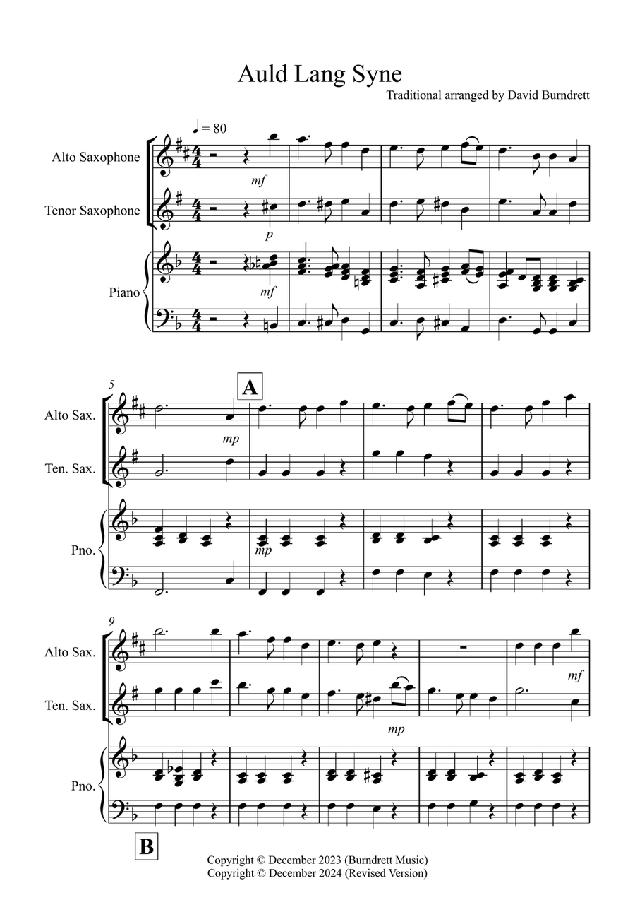 Auld Lang Syne for Alto and Tenor Saxophone Duet Woodwind Duet scores gallery preview page 1