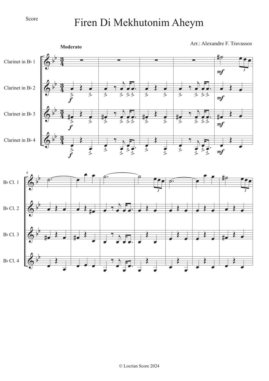 Firen di mekhutonim aheim Clarinet Quartet scores gallery preview page 1