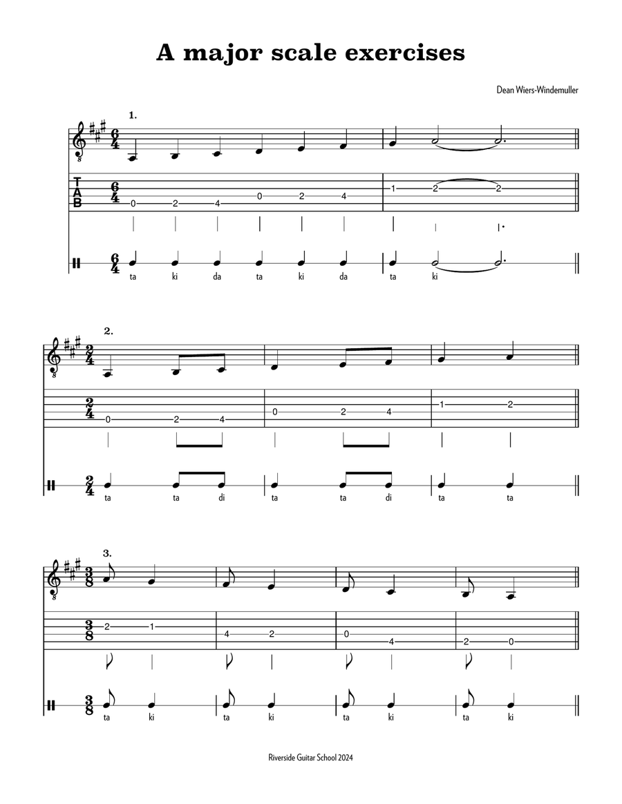 A major scale exercises for guitar in various time signatures Guitar Tablature scores gallery preview page 1