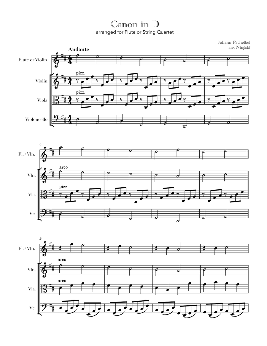 Canon in D for Flute or String Quartet Small Ensemble scores gallery preview page 1