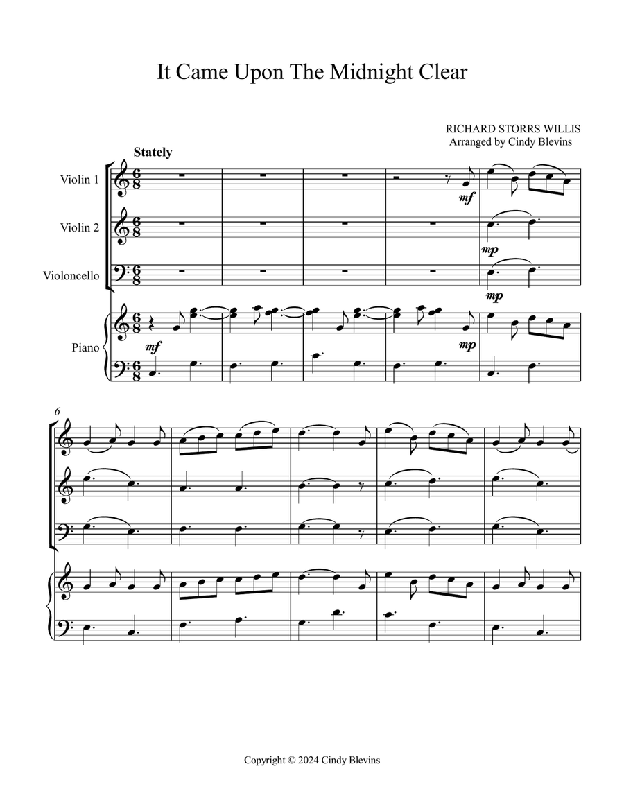 It Came Upon the Midnight Clear, for Two Violins, Cello and Piano Piano Quartet scores gallery preview page 2