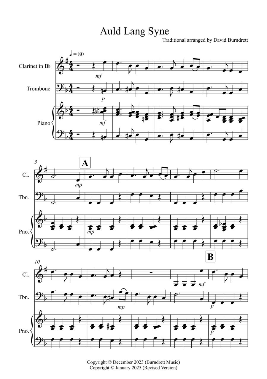 Auld Lang Syne for Clarinet and Trombone Duet B-Flat Clarinet scores gallery preview page 1