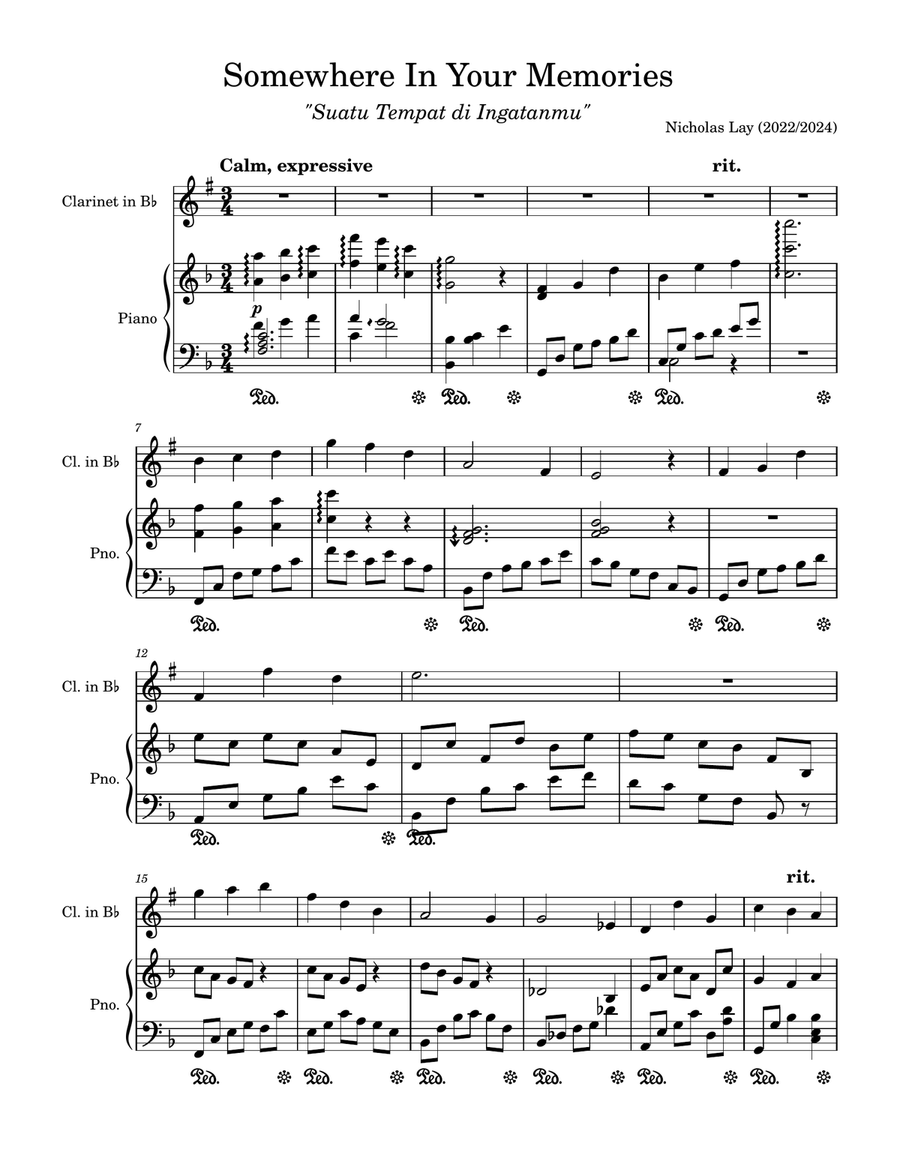 Somewhere In Your Memories (for piano and clarinet) Chamber Music scores gallery preview page 1